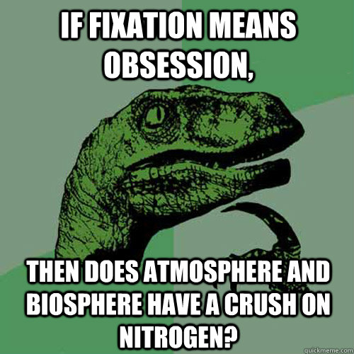 If fixation means obsession, then does atmosphere and biosphere have a crush on nitrogen? - If fixation means obsession, then does atmosphere and biosphere have a crush on nitrogen?  Philosoraptor