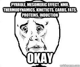 Pyrrole, mesomeric effect, nmr, thermodynamics, kineticts, carbs, fats, proteins, induction okay  
