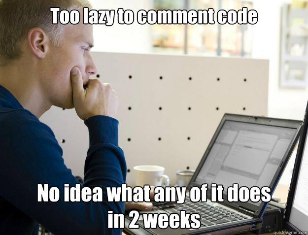 Too lazy to comment code No idea what any of it does
in 2 weeks - Too lazy to comment code No idea what any of it does
in 2 weeks  Programmer