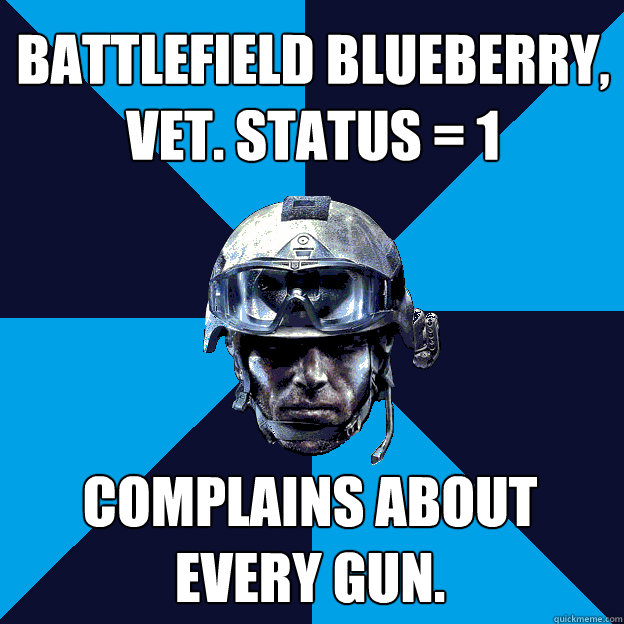 BattleField Blueberry, Vet. status = 1 Complains about every gun.  