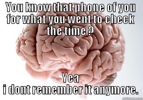 YOU KNOW THAT PHONE OF YOU FOR WHAT YOU WENT TO CHECK THE TIME ? YEA I DONT REMEMBER IT ANYMORE. Scumbag Brain