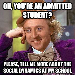 Oh, You're an admitted student? Please, tell me more about the social dynamics at my school  Condescending Wonka