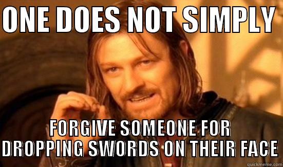 ONE DOES NOT SIMPLY  FORGIVE SOMEONE FOR DROPPING SWORDS ON THEIR FACE Boromir