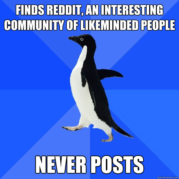 finds reddit, an interesting community of likeminded people never posts  Socially Awkward Penguin
