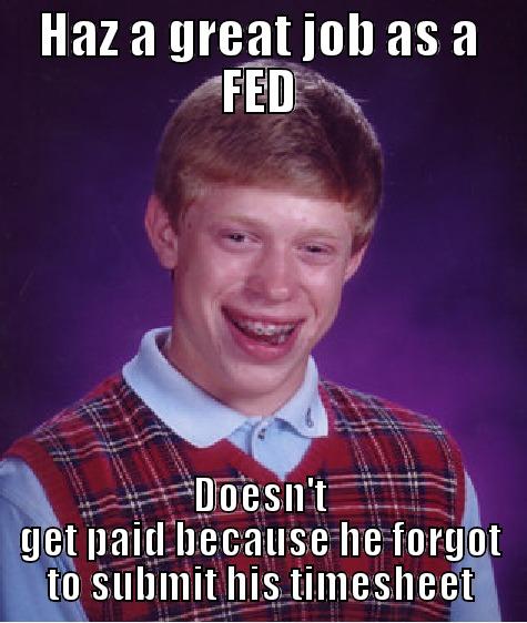 My title is funny - HAZ A GREAT JOB AS A FED DOESN'T GET PAID BECAUSE HE FORGOT TO SUBMIT HIS TIMESHEET Bad Luck Brian