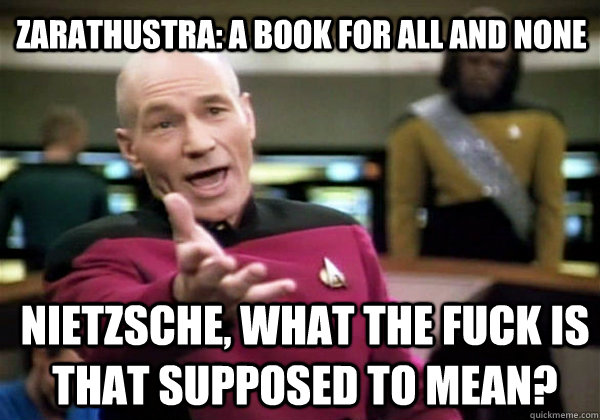 Zarathustra: A Book for All and None  Nietzsche, What the fuck is that Supposed to mean?  Patrick Stewart WTF