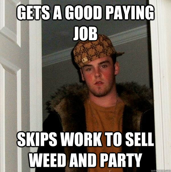 Gets a good paying job skips work to sell weed and party  Scumbag Steve
