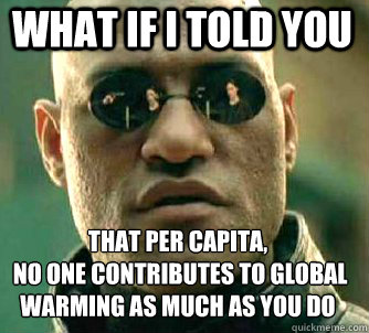 what if i told you that per capita,
 no one contributes to global warming as much as you do  Matrix Morpheus
