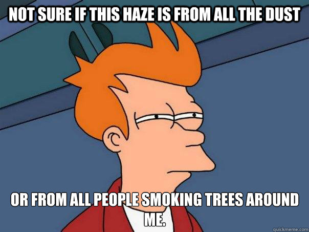 Not Sure if this haze is from all the dust Or from all people smoking trees around me.  Futurama Fry