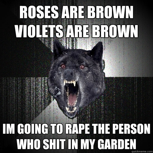 ROSES ARE BROWN VIOLETS ARE BROWN IM GOING TO RAPE THE PERSON WHO SHIT IN MY GARDEN  Insanity Wolf