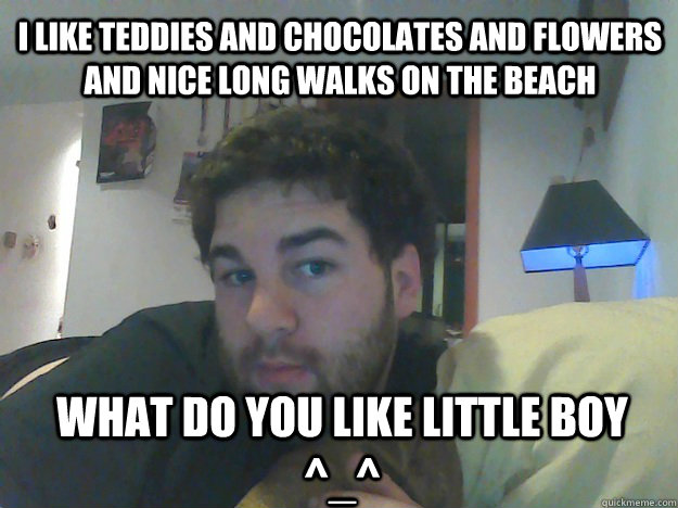 i like teddies and chocolates and flowers and nice long walks on the beach what do you like little boy ^_^  