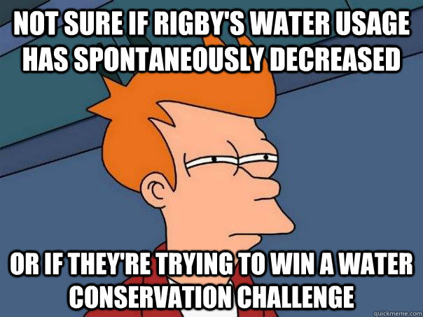 Not sure if Rigby's water usage has spontaneously decreased  Or if they're trying to win a water conservation challenge   Futurama Fry