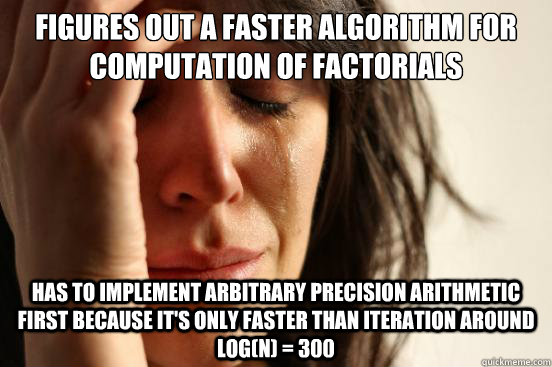 figures out a faster algorithm for computation of factorials has to implement arbitrary precision arithmetic first because it's only faster than iteration around log(n) = 300  First World Problems