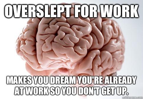 Overslept for work Makes you dream you're already at work so you don't get up.  Scumbag Brain