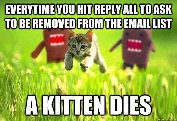 Everytime you hit Reply All to ask to be removed from the email list  A kitten dies  Reply All