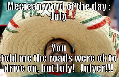 MEXICAN WORD OF THE DAY : JULY YOU TOLD ME THE ROADS WERE OK TO DRIVE ON, BUT JULY!   JULYER!!! Merry mexican