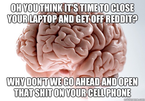 Oh you think it's time to close your laptop and get off Reddit? Why don't we go ahead and open that shit on your cell phone - Oh you think it's time to close your laptop and get off Reddit? Why don't we go ahead and open that shit on your cell phone  Scumbag Brain