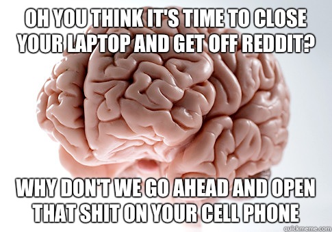 Oh you think it's time to close your laptop and get off Reddit? Why don't we go ahead and open that shit on your cell phone  Scumbag Brain