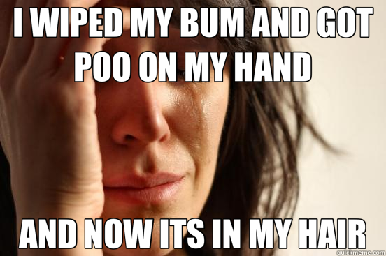 I WIPED MY BUM AND GOT POO ON MY HAND AND NOW ITS IN MY HAIR  First World Problems
