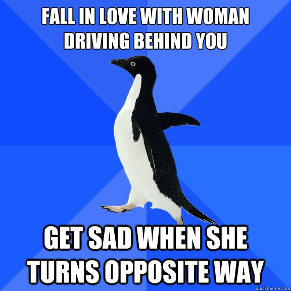 Fall in love with woman 
driving behind you get sad when she turns opposite way  Socially Awkward Penguin