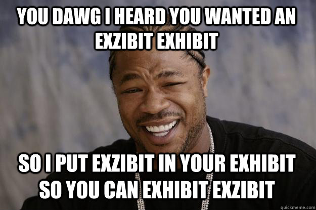 you dawg i heard you wanted an exzibit exhibit so I put exzibit in your exhibit so you can exhibit exzibit  Xzibit meme