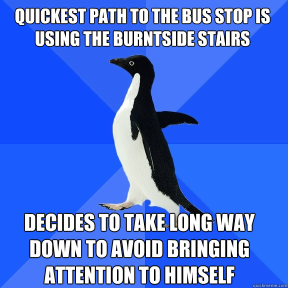 Quickest path to the bus stop is using the Burntside stairs Decides to take long way down to avoid bringing attention to himself      Socially Awkward Penguin