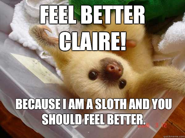 Feel better Claire! Because I am a sloth and you should feel better. - Feel better Claire! Because I am a sloth and you should feel better.  feel better sloth