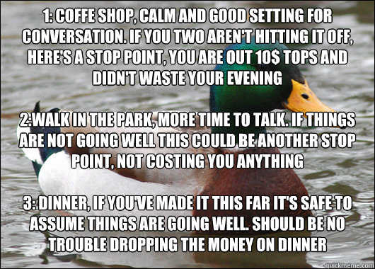 1: coffe shop, calm and good setting for conversation. if you two aren't hitting it off, here's a stop point, you are out 10$ tops and didn't waste your evening

2:walk in the park, more time to talk. If things are not going well this could be another sto  Actual Advice Mallard
