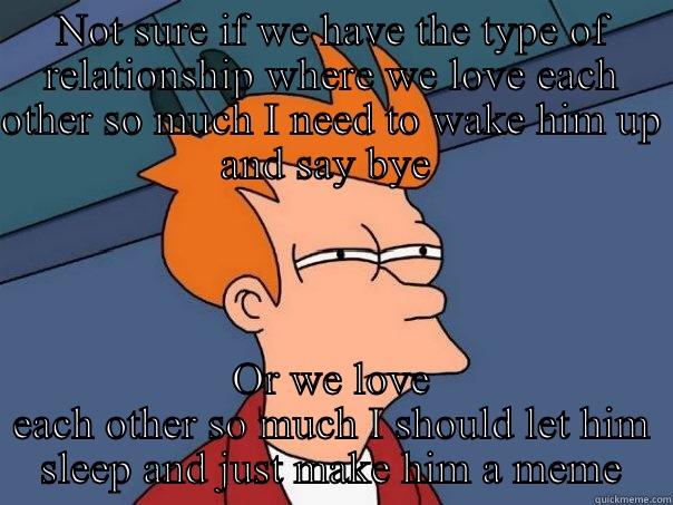 NOT SURE IF WE HAVE THE TYPE OF RELATIONSHIP WHERE WE LOVE EACH OTHER SO MUCH I NEED TO WAKE HIM UP AND SAY BYE  OR WE LOVE EACH OTHER SO MUCH I SHOULD LET HIM SLEEP AND JUST MAKE HIM A MEME Futurama Fry