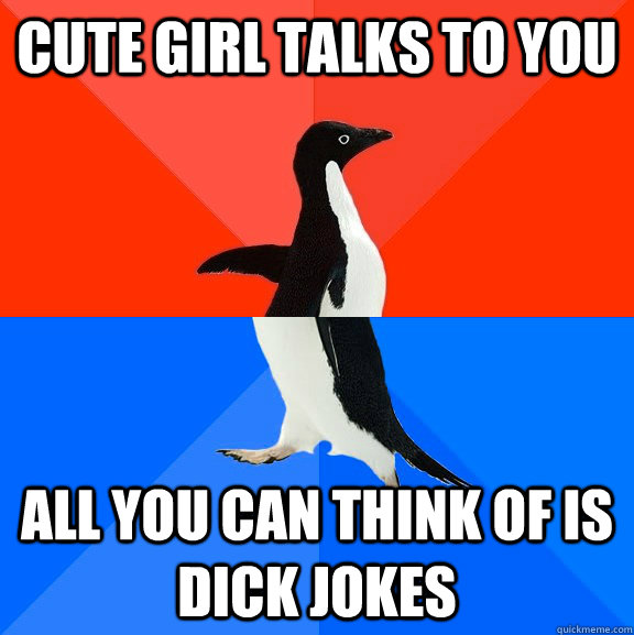 cute girl talks to you all you can think of is dick jokes  Socially Awesome Awkward Penguin