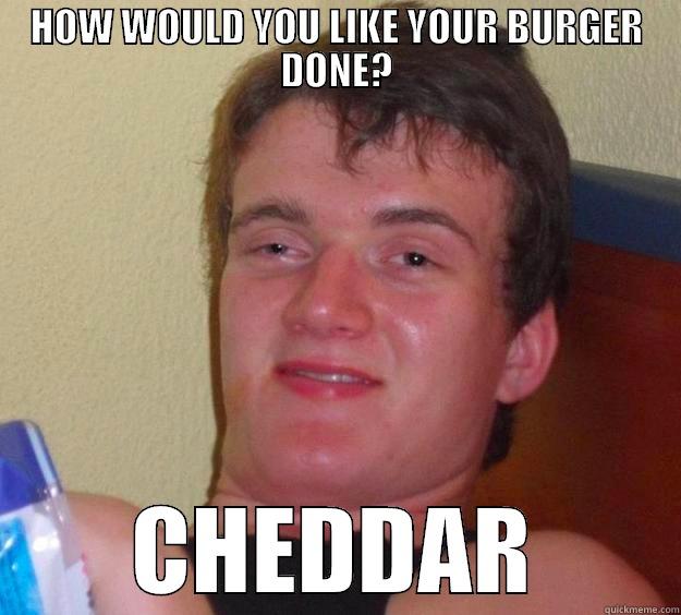 HOW WOULD YOU LIKE YOUR BURGER DONE? CHEDDAR 10 Guy