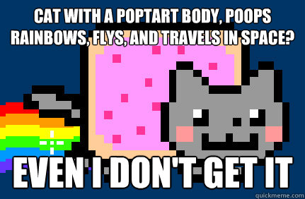 cat with a Poptart Body, poops rainbows, flys, and travels in space? Even i don't get it  Nyan cat