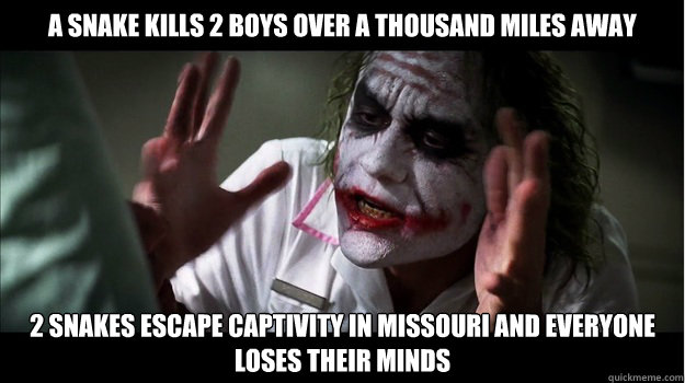 A snake kills 2 boys over a thousand miles away 2 snakes escape captivity in missouri and everyone loses their minds  Joker Mind Loss
