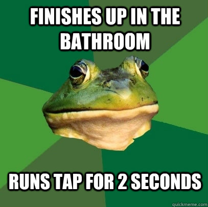 Finishes up in the bathroom runs tap for 2 seconds  Foul Bachelor Frog