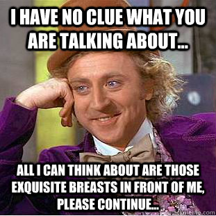 I have no clue what you are talking about... All i can think about are those exquisite breasts in front of me, please continue... - I have no clue what you are talking about... All i can think about are those exquisite breasts in front of me, please continue...  Condescending Wonka