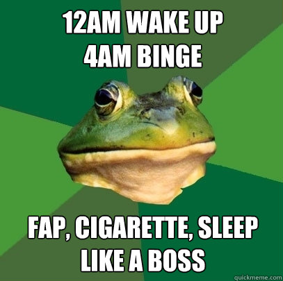 12am wake up             4am binge  fap, cigarette, sleep        like a boss  Foul Bachelor Frog