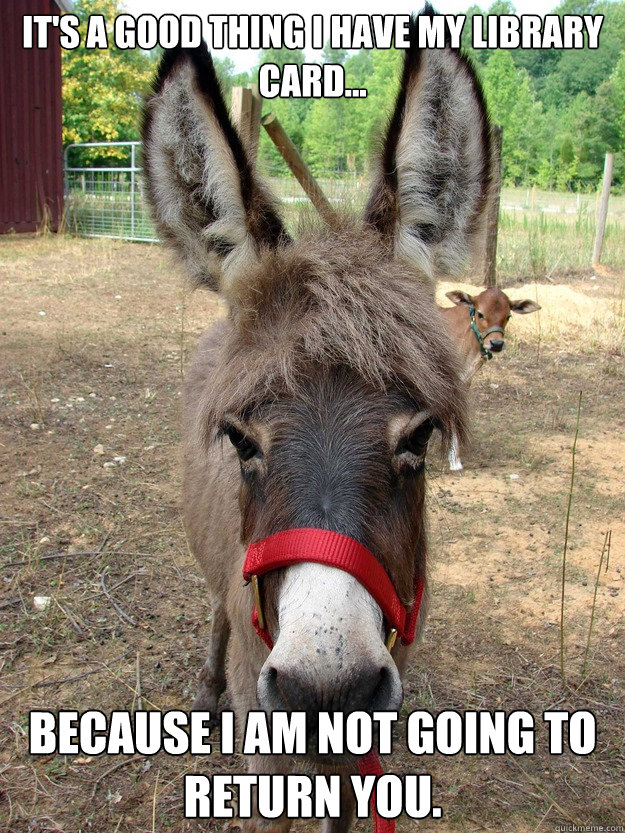 It's a good thing I have my library card... because i am not going to return you.  Bad Pickup Line Donkey