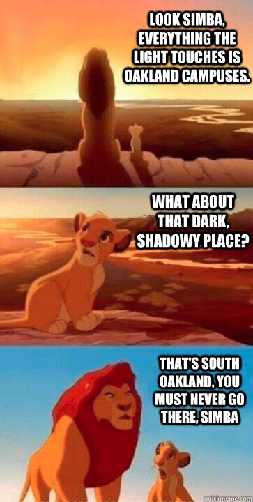 look simba, everything the light touches is Oakland campuses. what about that dark, shadowy place? that's South Oakland, you must never go there, simba  SIMBA