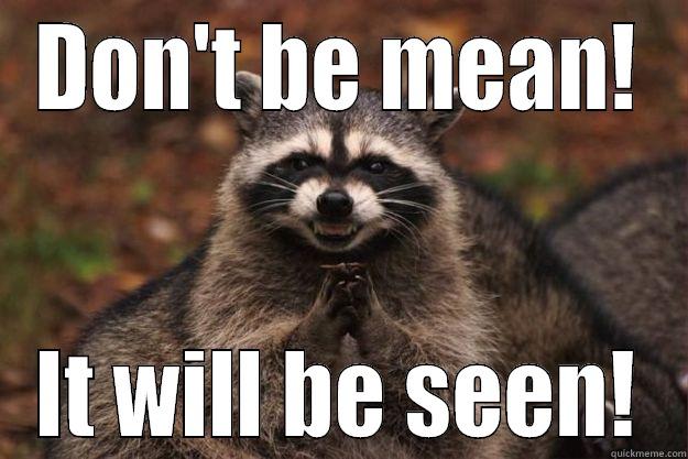 DON'T BE MEAN! IT WILL BE SEEN! Evil Plotting Raccoon