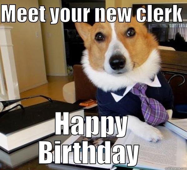 Happy Birthday Lawyer - MEET YOUR NEW CLERK  HAPPY BIRTHDAY  Lawyer Dog