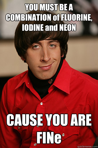 YOU MUST BE A COMBINATION of FLUORINE, IODINE and NEON CAUSE YOU ARE FINe - YOU MUST BE A COMBINATION of FLUORINE, IODINE and NEON CAUSE YOU ARE FINe  Howard Wolowitz