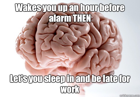Wakes you up an hour before alarm THEN Let's you sleep in and be late for work  Scumbag Brain