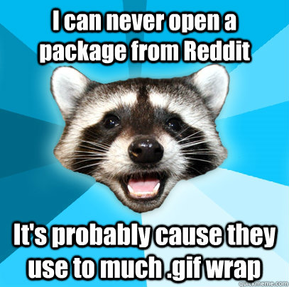 I can never open a package from Reddit It's probably cause they use to much .gif wrap  Lame Pun Coon