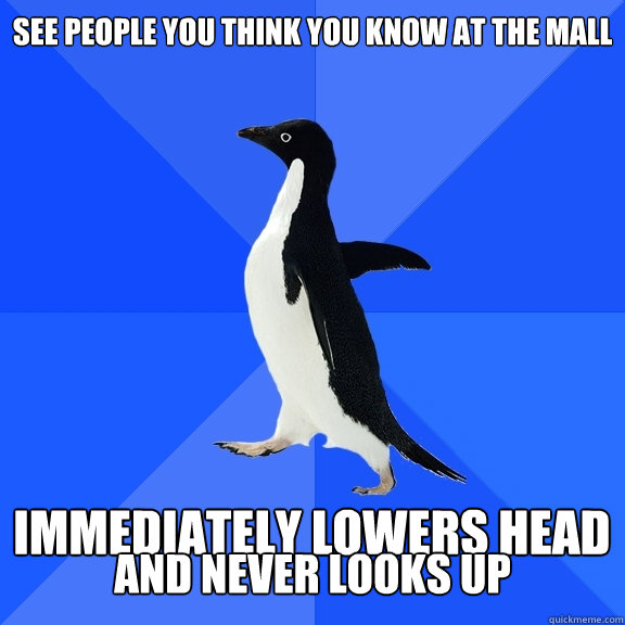 see people you think you know at the mall  immediately lowers head and never looks up  Socially Awkward Penguin