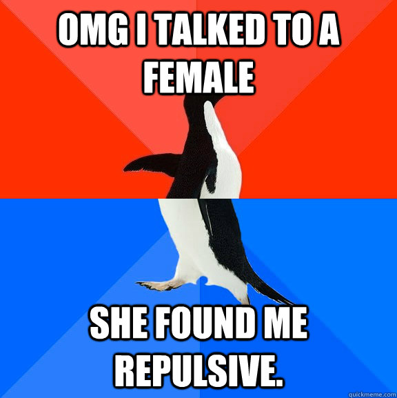 OMG I talked to a female She found me repulsive.  Socially Awesome Awkward Penguin
