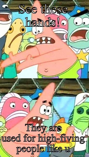 SEE THESE HANDS! THEY ARE USED FOR HIGH-FIVING PEOPLE LIKE U Push it somewhere else Patrick