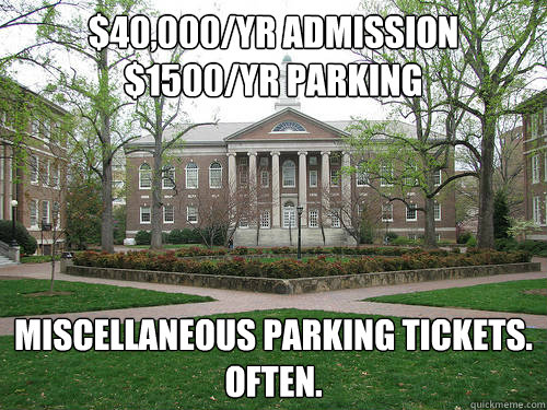 $40,000/yr admission
$1500/yr parking Miscellaneous Parking tickets.
Often.  Scumbag University