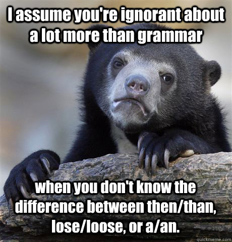 I assume you're ignorant about a lot more than grammar when you don't know the difference between then/than, lose/loose, or a/an.  Confession Bear