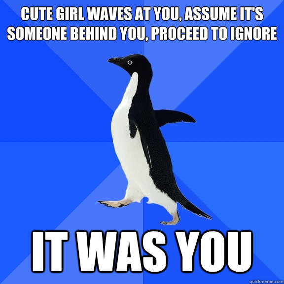 Cute Girl Waves at you, assume it's someone behind you, proceed to Ignore IT WAS YOU  Socially Awkward Penguin
