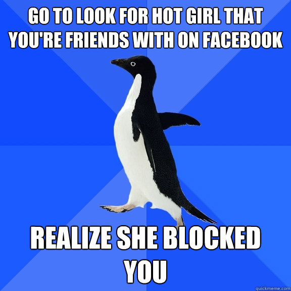 go to look for hot girl that you're friends with on facebook Realize she blocked you  Socially Awkward Penguin